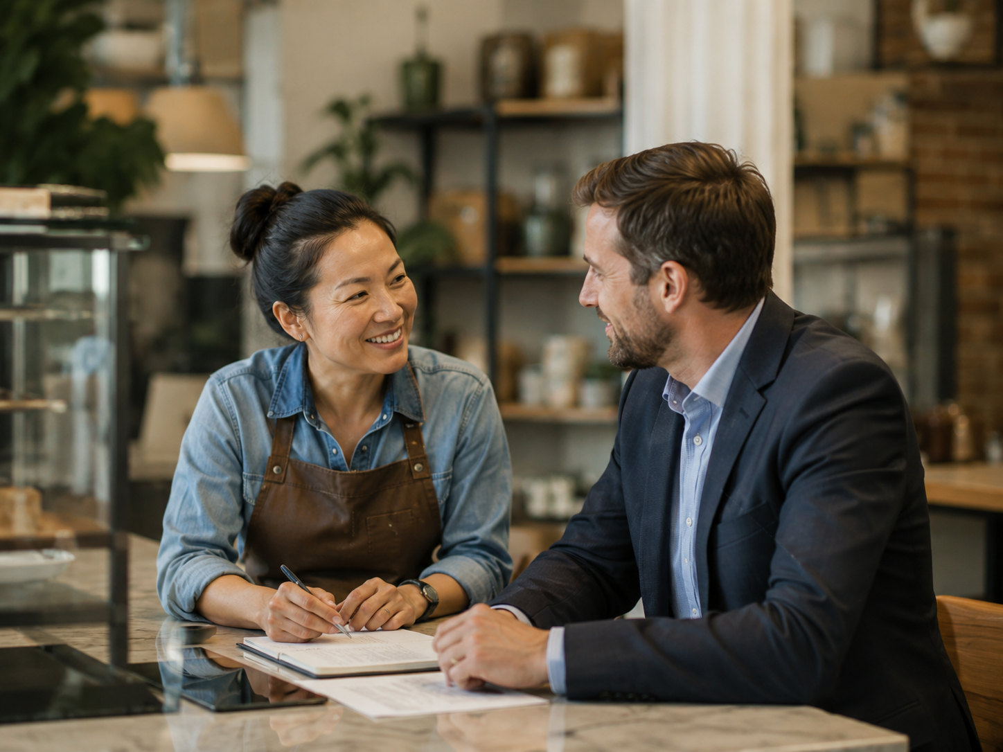 Community bank professional meeting with a small-business owner