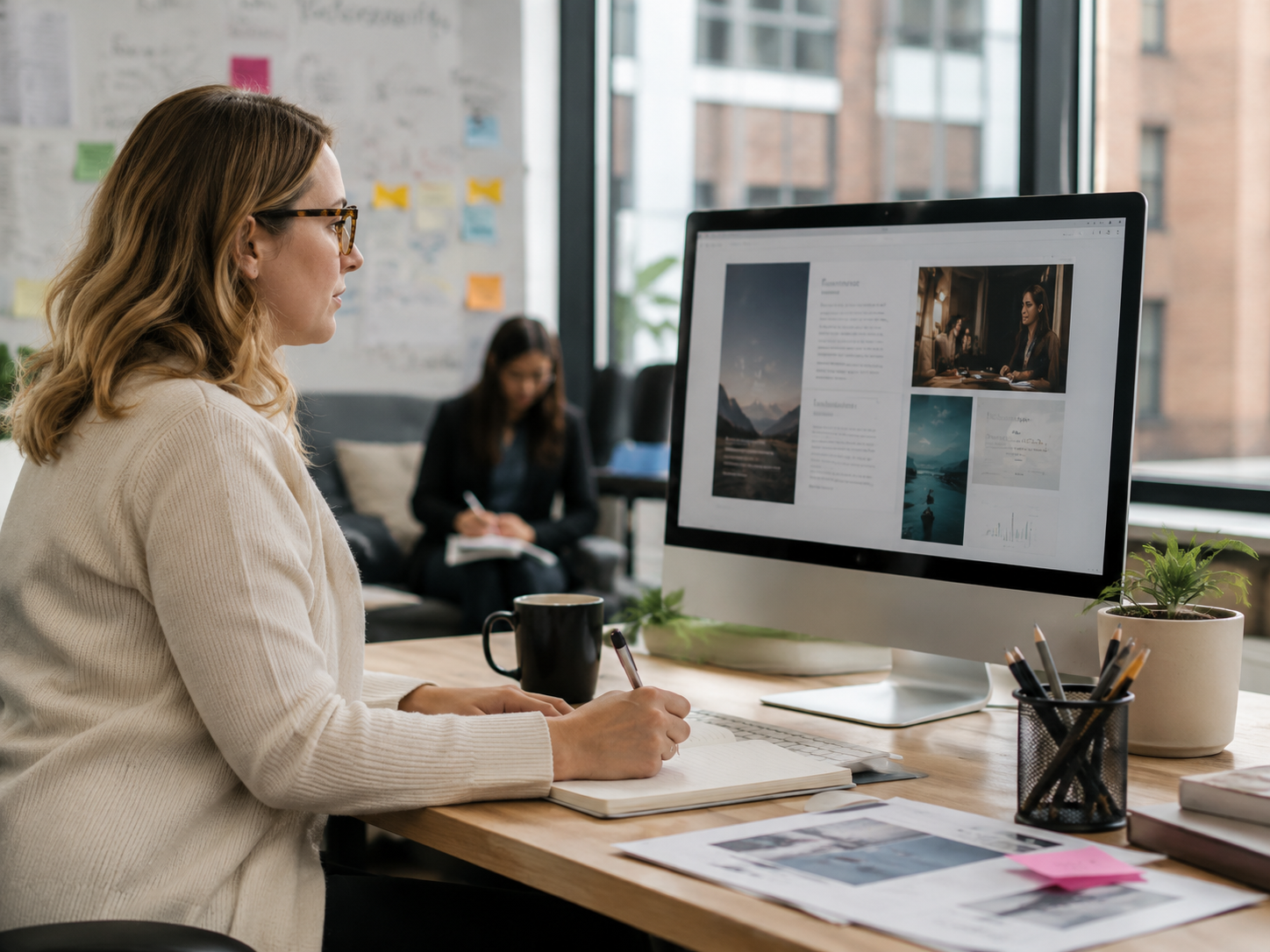 Marketing professional reviewing campaign strategy at a modern workstation